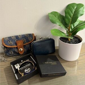 Bundle including Dooney Denim bag, Blue wallet and Alex and Ani bracelet.